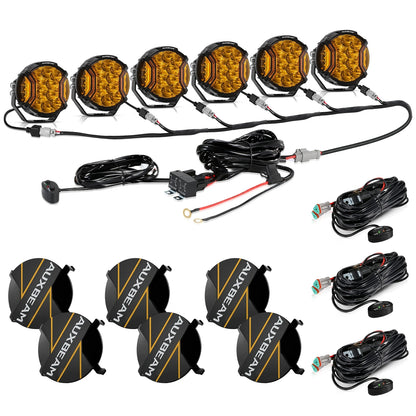 AUXBEAM 6Pcs V-ULTRA SERIES 5inch 172W 20400LM LED Driving Lights with SIDE SHOOTER Black Cover Amber DRL Spot Work Light Pod