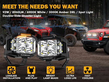 4 Inch LED Work Light 92W Spot Flood Combo Work Spotlights Pod with Amber DRL For Truck SUV 4WD ATV AUXBEAM