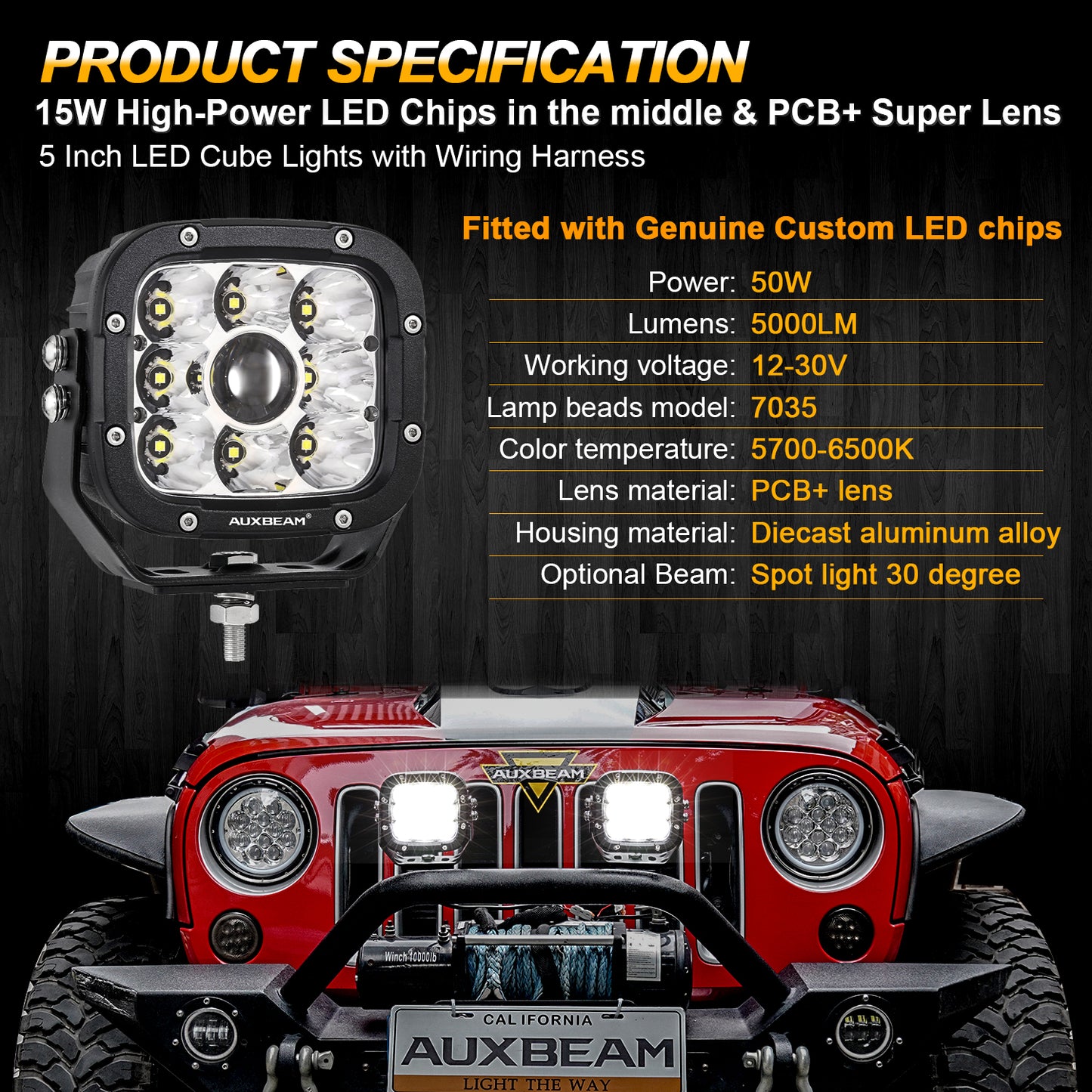 AUXBEAM 5 inch LED Work Light 50W Headlight Driving Lamp 6500K Offroad Led Spot Lamp IP67 Waterproof for Truck SUV 4WD ATV