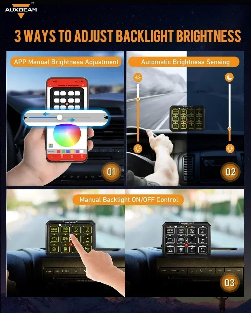 AUXBEAM 12 Gangs RGB LED Switch Panel Upgraded bluetooth APP & Remote Control TOGGLE/ MOMENTARY/ PULSED MODE AC-1200 RB120