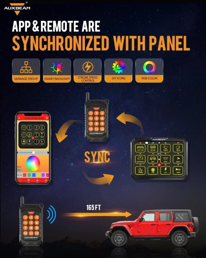 AUXBEAM 12 Gangs RGB LED Switch Panel Upgraded bluetooth APP & Remote Control TOGGLE/ MOMENTARY/ PULSED MODE AC-1200 RB120