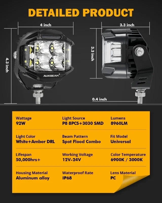 4 Inch LED Work Light 92W Spot Flood Combo Work Spotlights Pod with Amber DRL For Truck SUV 4WD ATV AUXBEAM