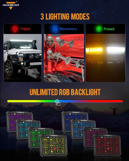 AUXBEAM 12 Gangs RGB LED Switch Panel Upgraded bluetooth APP & Remote Control TOGGLE/ MOMENTARY/ PULSED MODE AC-1200 RB120