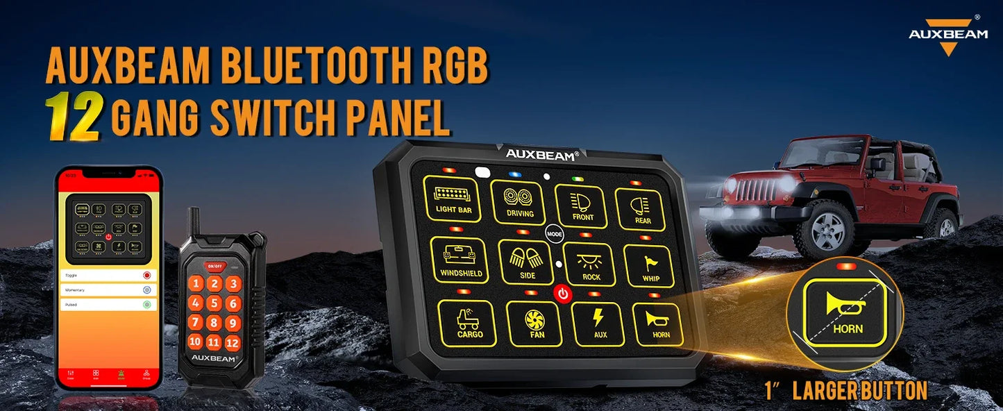 AUXBEAM 12 Gangs RGB LED Switch Panel Upgraded bluetooth APP & Remote Control TOGGLE/ MOMENTARY/ PULSED MODE AC-1200 RB120