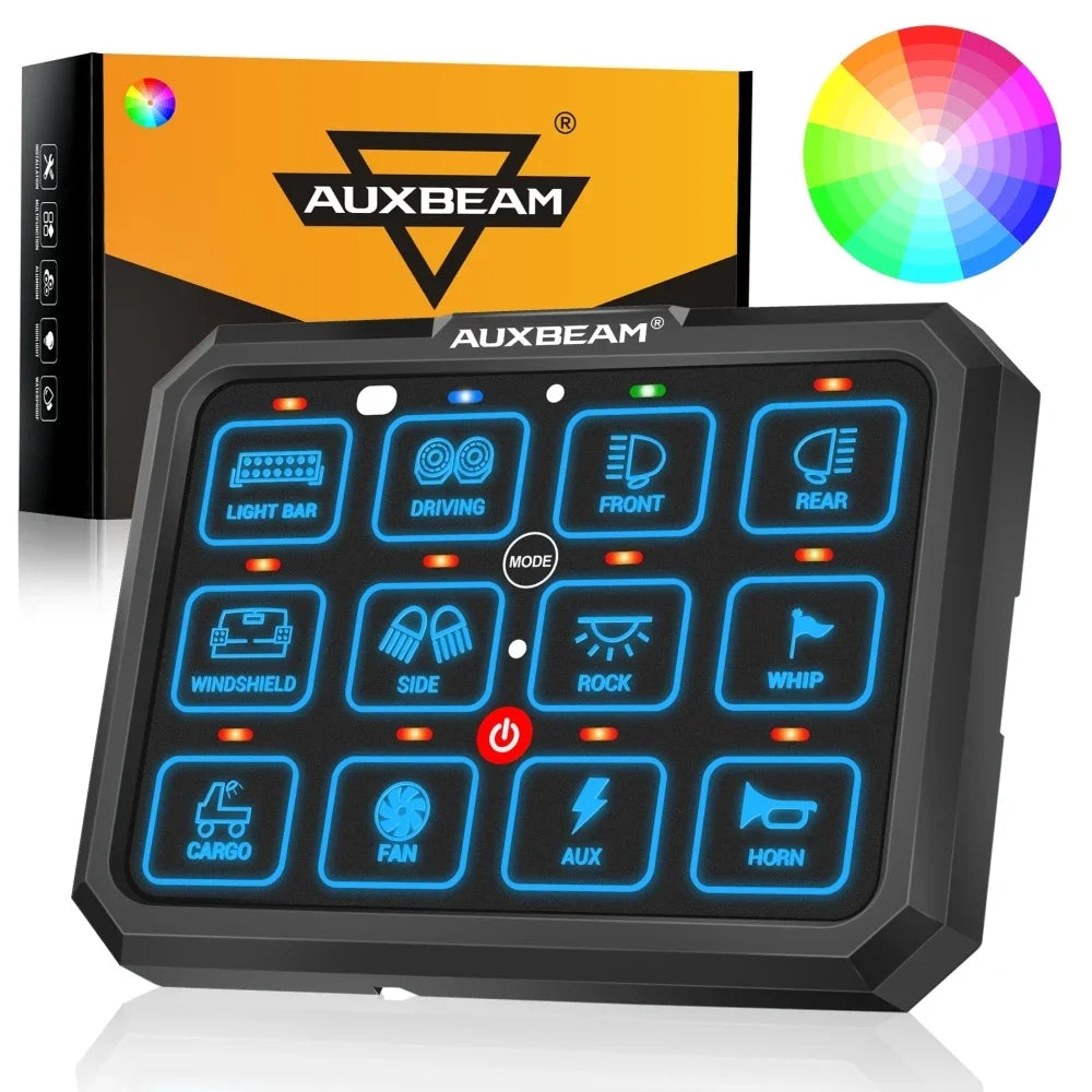 AUXBEAM 12 Gangs RGB LED Switch Panel Upgraded bluetooth APP & Remote Control TOGGLE/ MOMENTARY/ PULSED MODE AC-1200 RB120