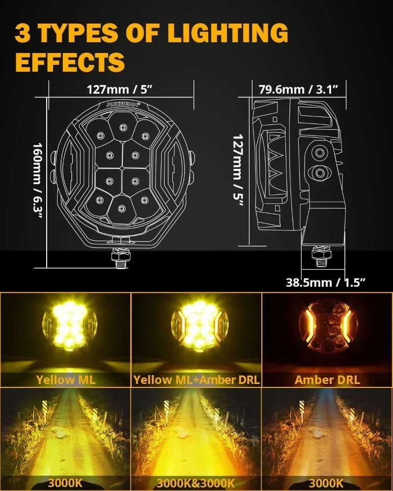 AUXBEAM 6Pcs V-ULTRA SERIES 5inch 172W 20400LM LED Driving Lights with SIDE SHOOTER Black Cover Amber DRL Spot Work Light Pod