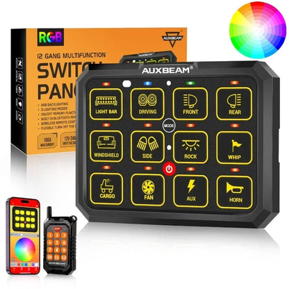 AUXBEAM 12 Gangs RGB LED Switch Panel Upgraded bluetooth APP & Remote Control TOGGLE/ MOMENTARY/ PULSED MODE AC-1200 RB120