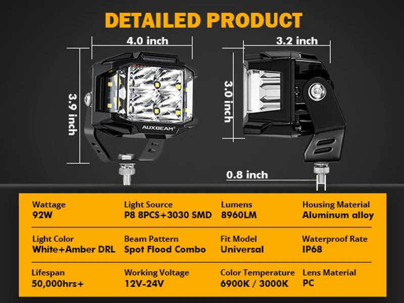 4 Inch LED Work Light 92W Spot Flood Combo Work Spotlights Pod with Amber DRL For Truck SUV 4WD ATV AUXBEAM