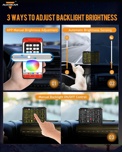 AUXBEAM 12 Gangs RGB LED Switch Panel Upgraded bluetooth APP & Remote Control TOGGLE/ MOMENTARY/ PULSED MODE AC-1200 RB120