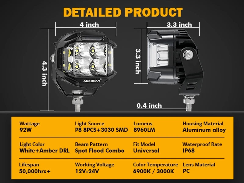 4 Inch LED Work Light 92W Spot Flood Combo Work Spotlights Pod with Amber DRL For Truck SUV 4WD ATV AUXBEAM